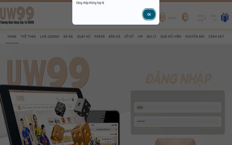Lỗi đăng nhập không hợp lệ UW99