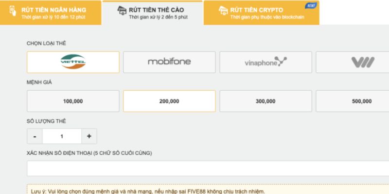 Các bước rút ví bằng thẻ cào
